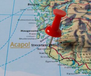 Norgeskart som viser Stavanger med en stift og navnet Acapo ved siden av
